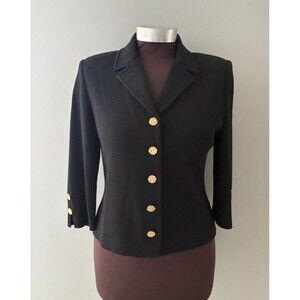 St. John Santana Knit Black Blazer Jacket Gold Buttons Size 2 Old Money Luxury